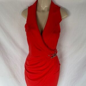 Cache Vibrant Red orange Backless stretch dress with touching